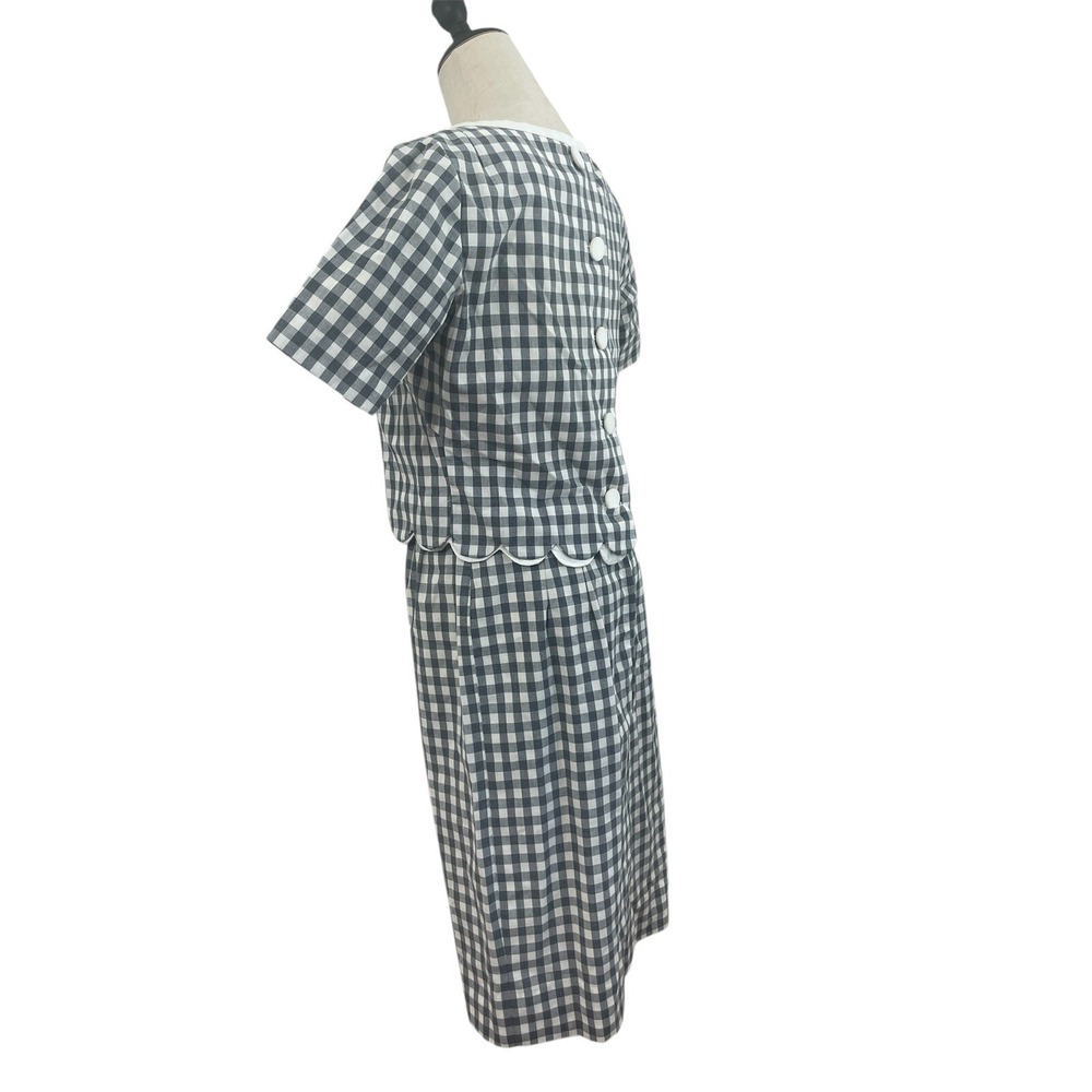 Vintage 1950s Gingham Gray And White Top And Skirt Set Sz S Cotton Button Detail - Picture 3 of 9